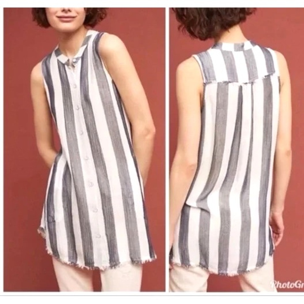 CLOTH & STONE Blue STRIPES Tencel POCKETS Button-Up RAW HEM Shirt/Tank Top Sz S